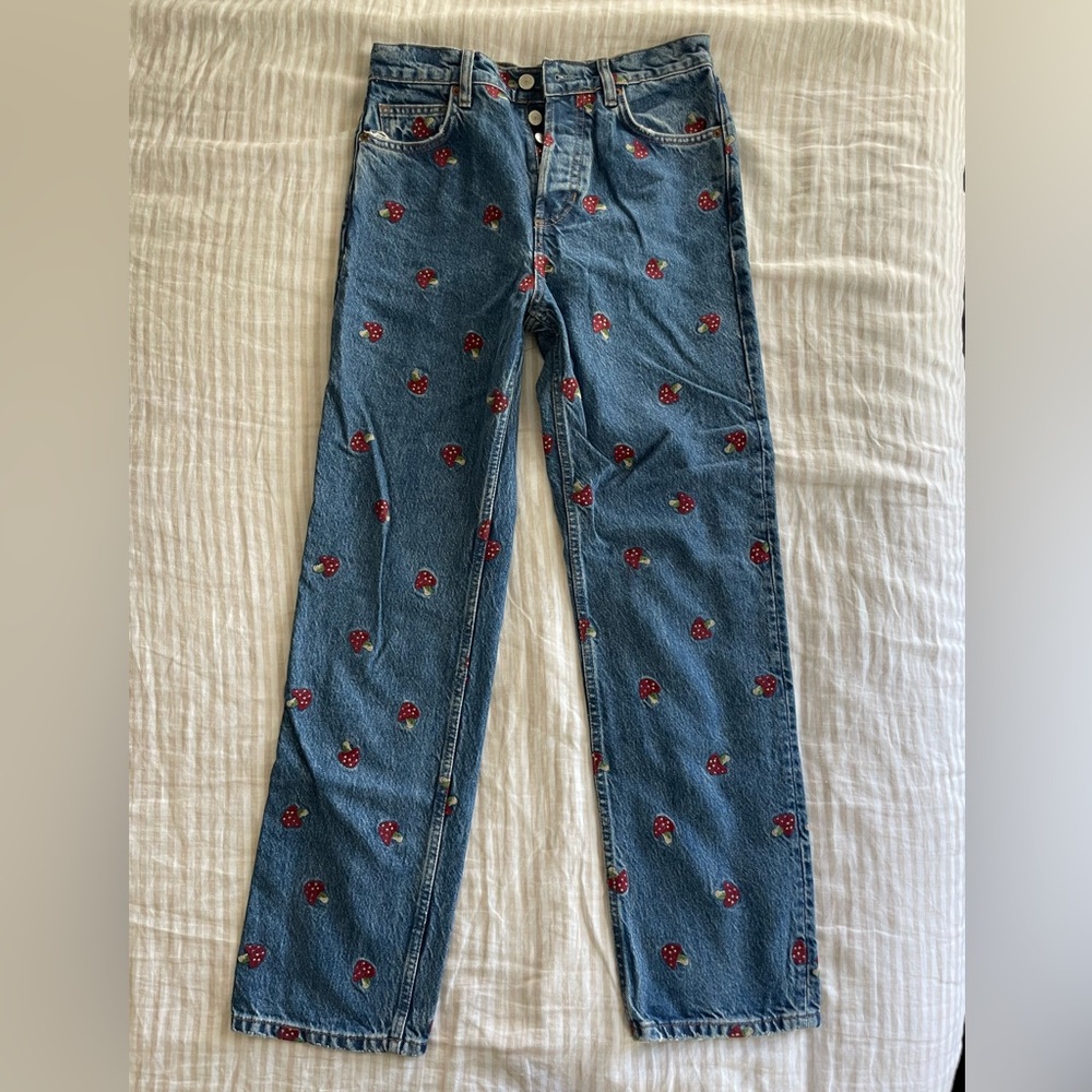 Reformation Mushroom Embroidered Straight Leg Jeans